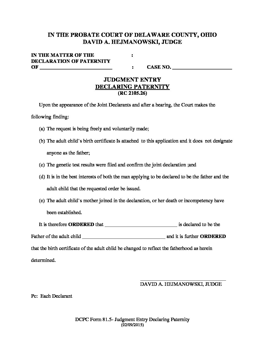 Judgment Entry Declaring Paternity - Probate